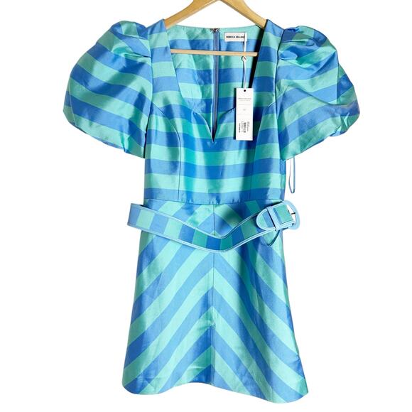 Rebecca Vallance Seychelles Blue Stripe Puff Sleeve Belted Mini Dress Size 8 - Picture 5 of 16